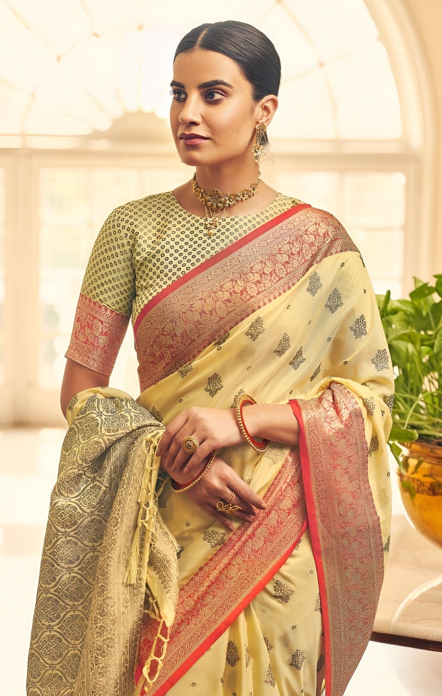 EKKTARA Saree For Women Golden Yellow Tussar Silk Weaving Saree