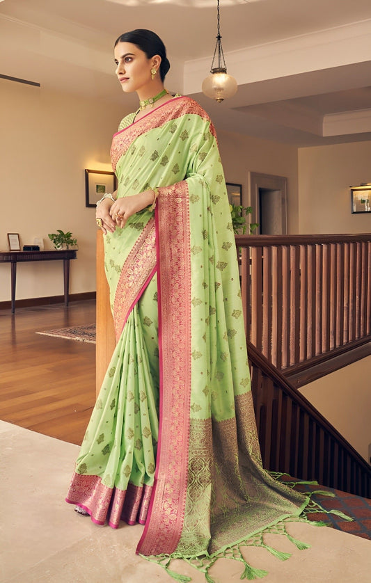 EKKTARA Saree For Women Pista Green Tussar Silk Weaving Saree