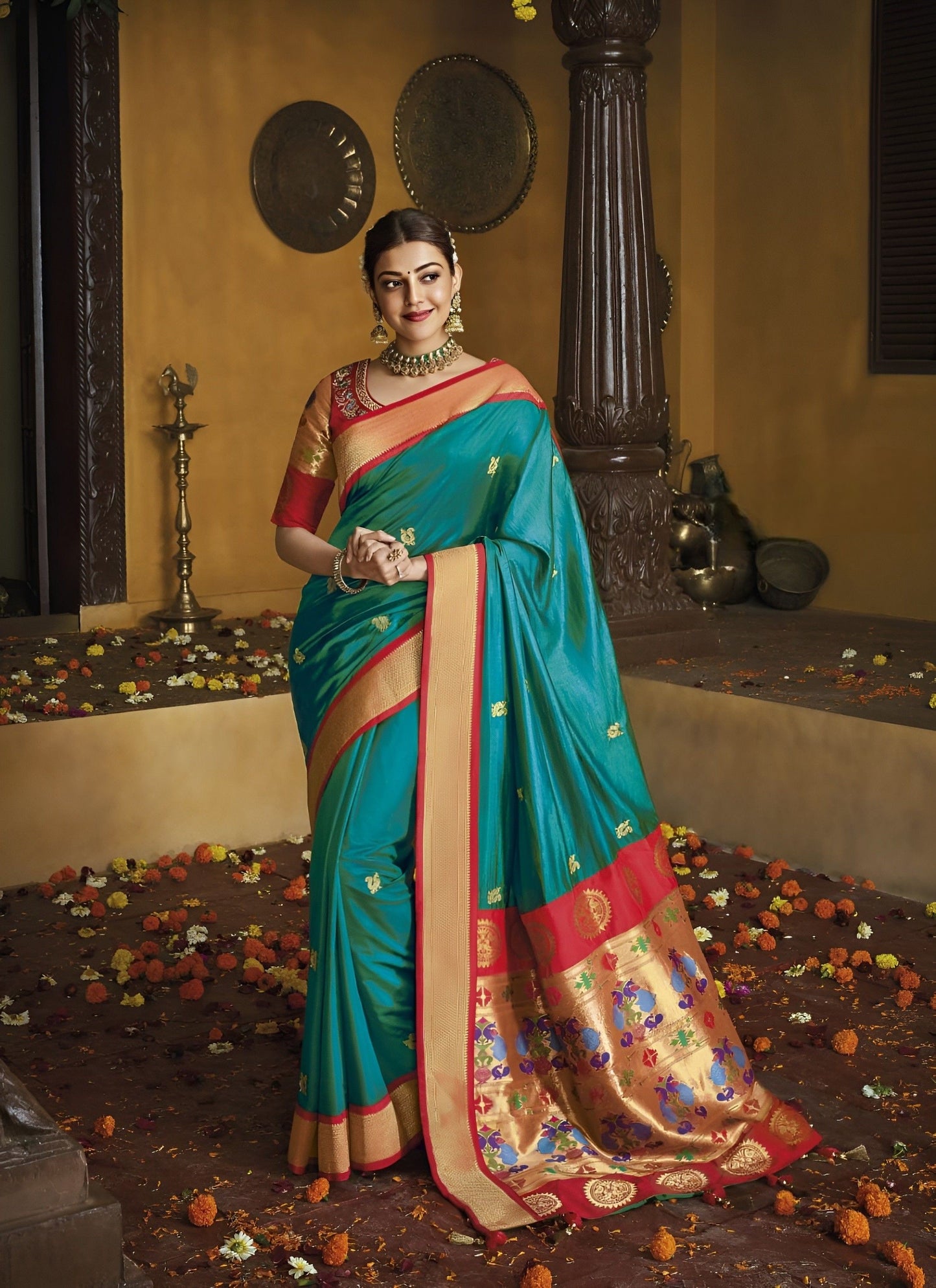 EKKTARA Saree For Women Turquoise Colour Pure Silk Paithani  Saree With Unstitched Blouse Celebrity Collection
