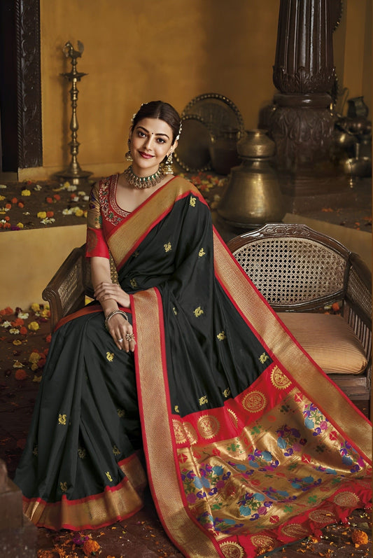EKKTARA Saree For Women Black Colour Pure Silk Paithani  Saree With Unstitched Blouse Celebrity Collection