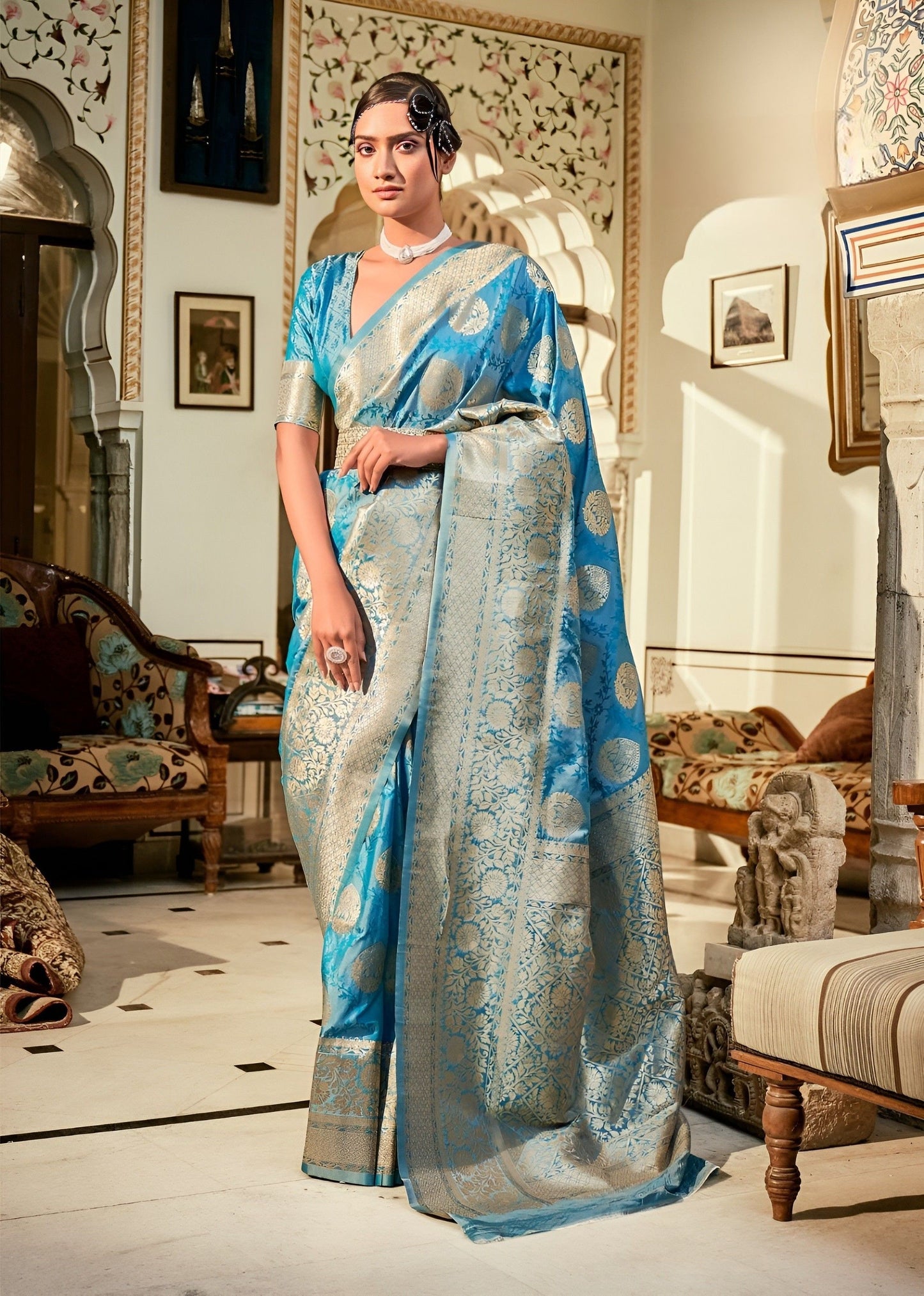 EKKTARA Saree For Women Azure Blue Colour Banarasi Silk Zari Saree With Unstitched Blouse