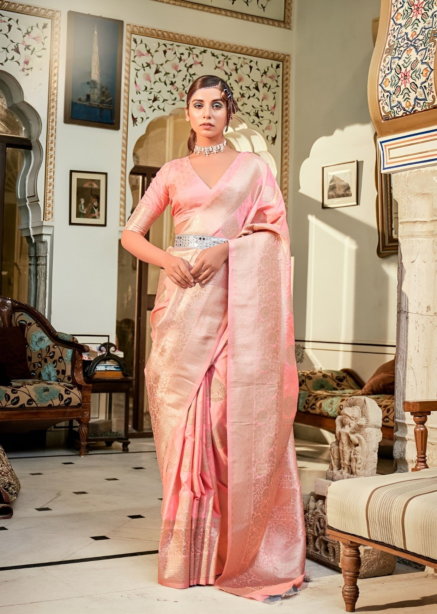 EKKTARA Saree For Women Peach Colour Banarasi Silk Zari Saree With Unstitched Blouse