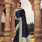 EKKTARA Saree For Women Navy Blue Designer Satin Paithani Saree With Contrast Blouse