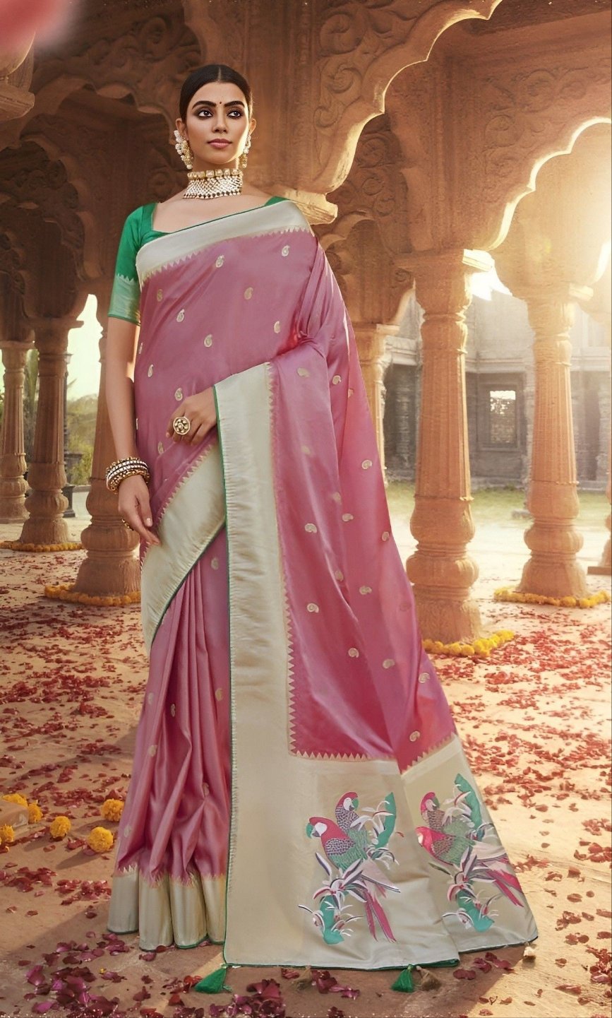 EKKTARA Saree For Women Rose Pink Designer Satin Paithani Saree With Contrast Blouse