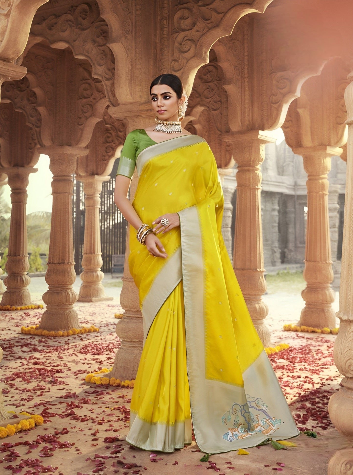 EKKTARA Saree For Women Lemon Yellow Designer Satin Paithani Saree With Contrast Blouse