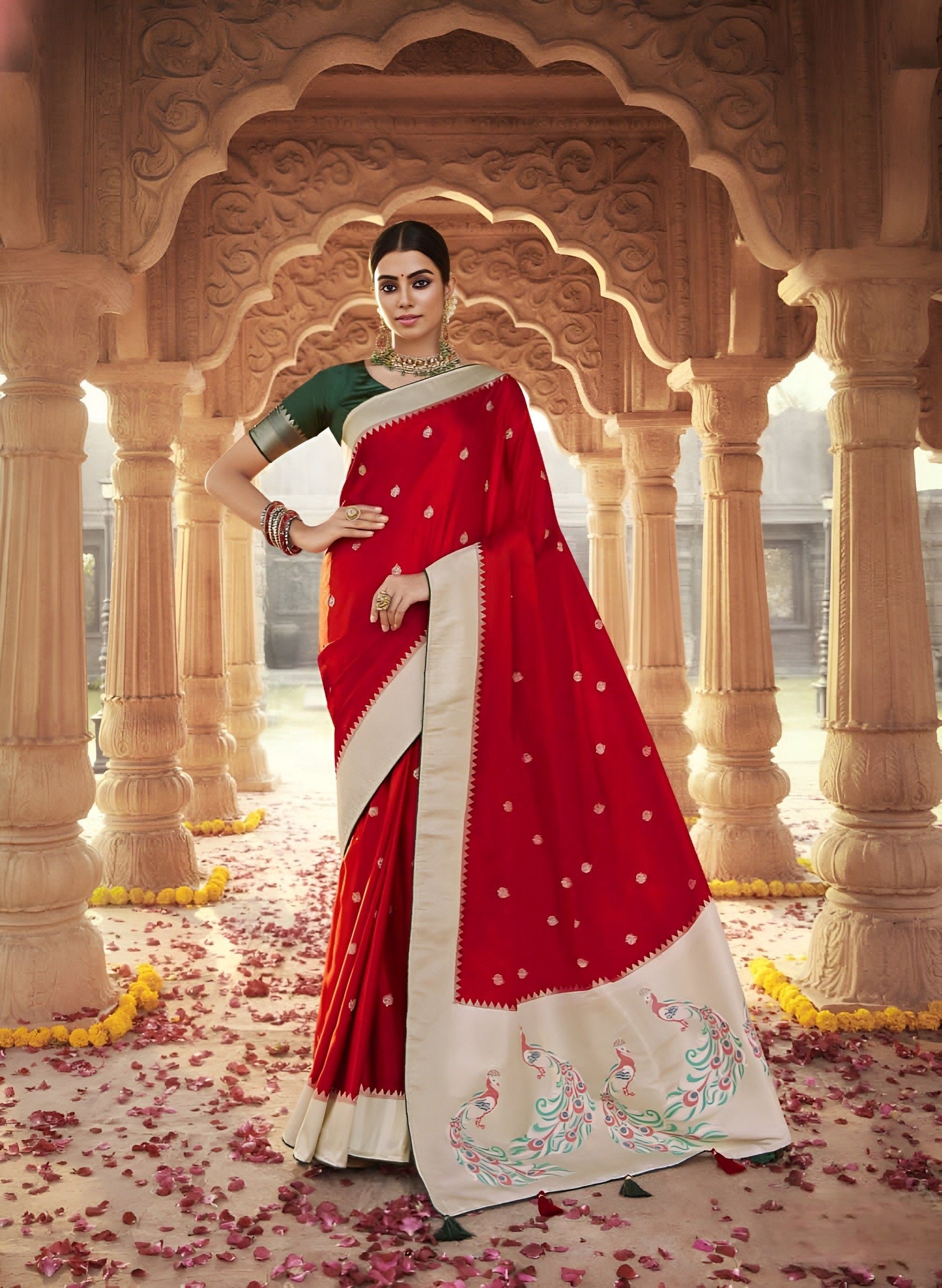 Contrast Border Georgette Saree in Red | Saree designs, Party wear sarees, Red  saree