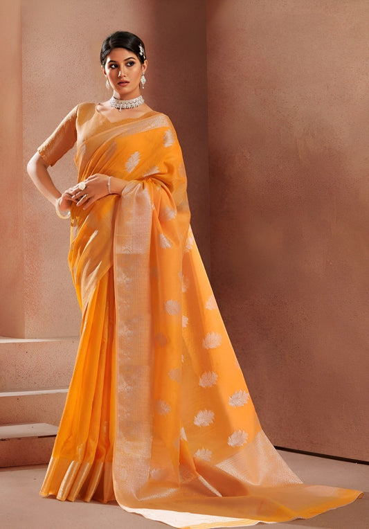 EKKTARA Saree For Women Marigold Orange Silk Saree With Silver Zari Weaving