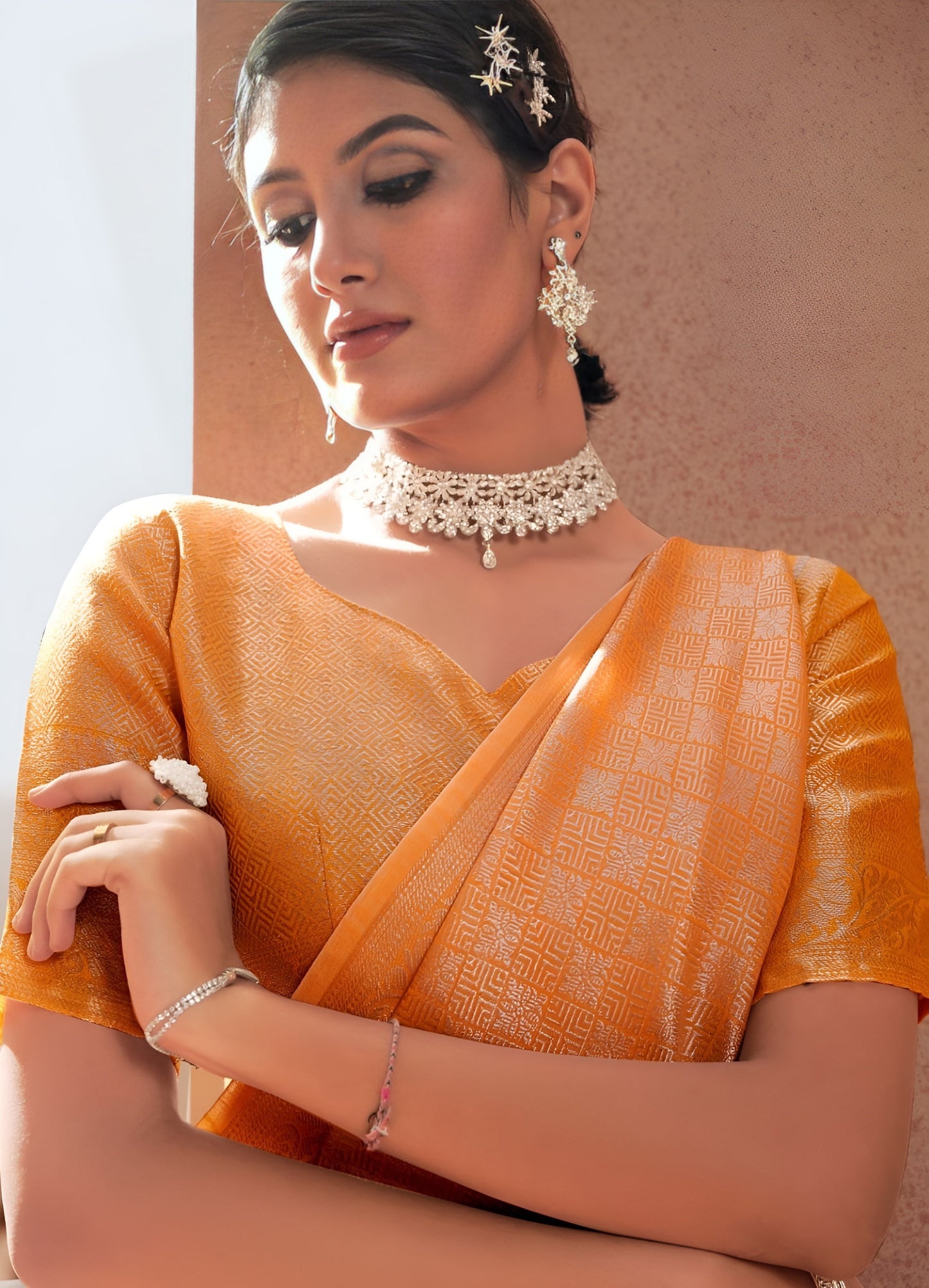 EKKTARA Saree For Women Marigold Orange Silk Saree With Silver Zari Weaving