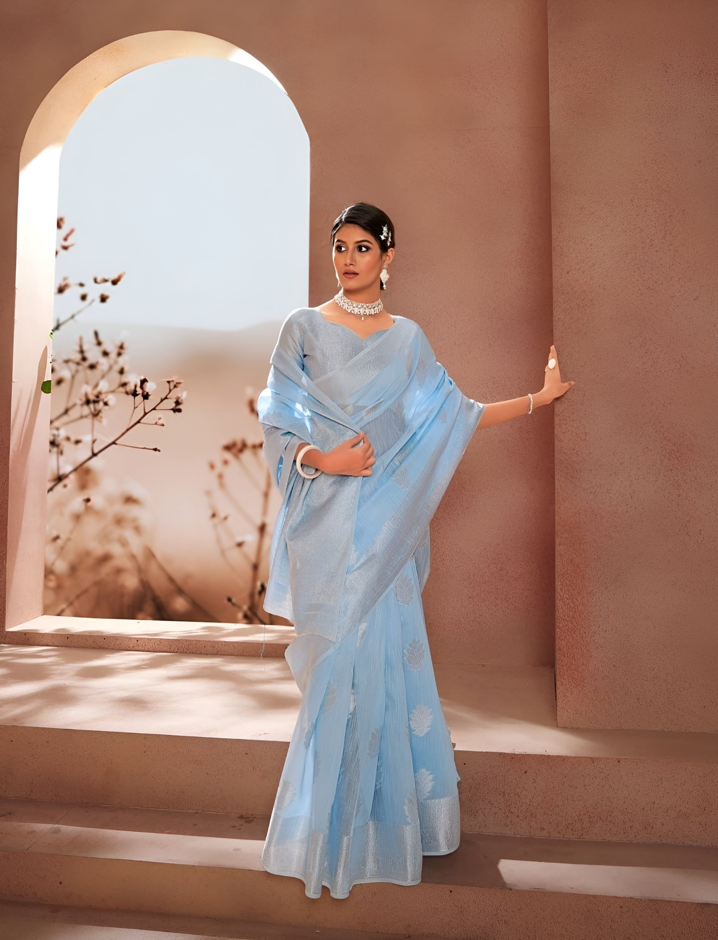 EKKTARA Saree For Women Sky Blue Silk Saree With Silver Zari Weaving