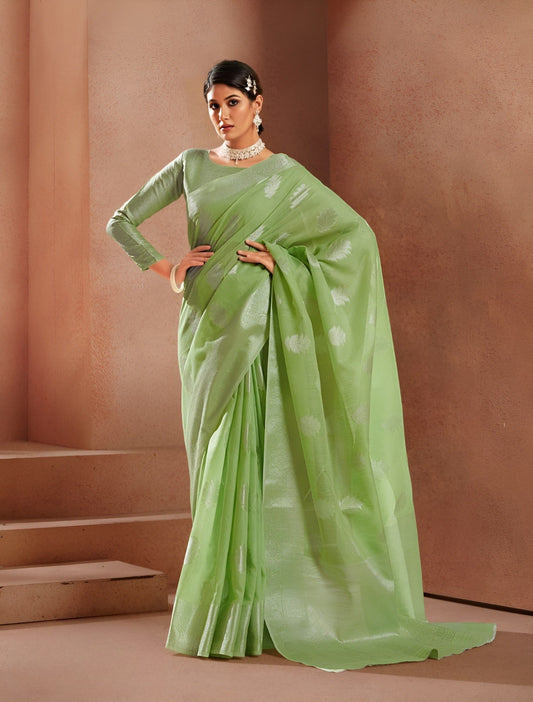 EKKTARA Saree For Women Pista Green Silk Saree With Silver Zari Weaving