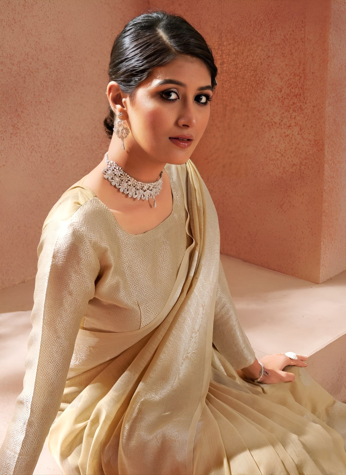 EKKTARA Saree For Women Creamy Golden Silk Saree With Silver Zari Weaving