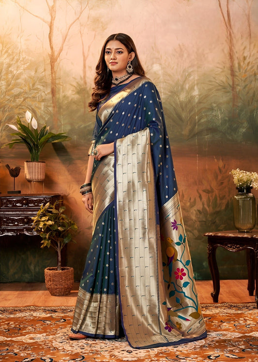 EKKTARA Saree For Women Navy Blue Colour Silk Zari Border Paithani  Saree With Unstitched Blouse