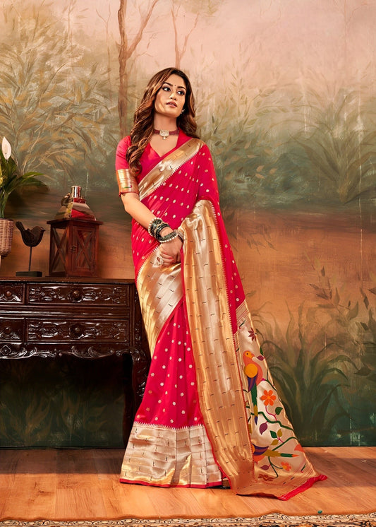 EKKTARA Saree For Women Ferrari Red Colour Silk Zari Border Paithani  Saree With Unstitched Blouse