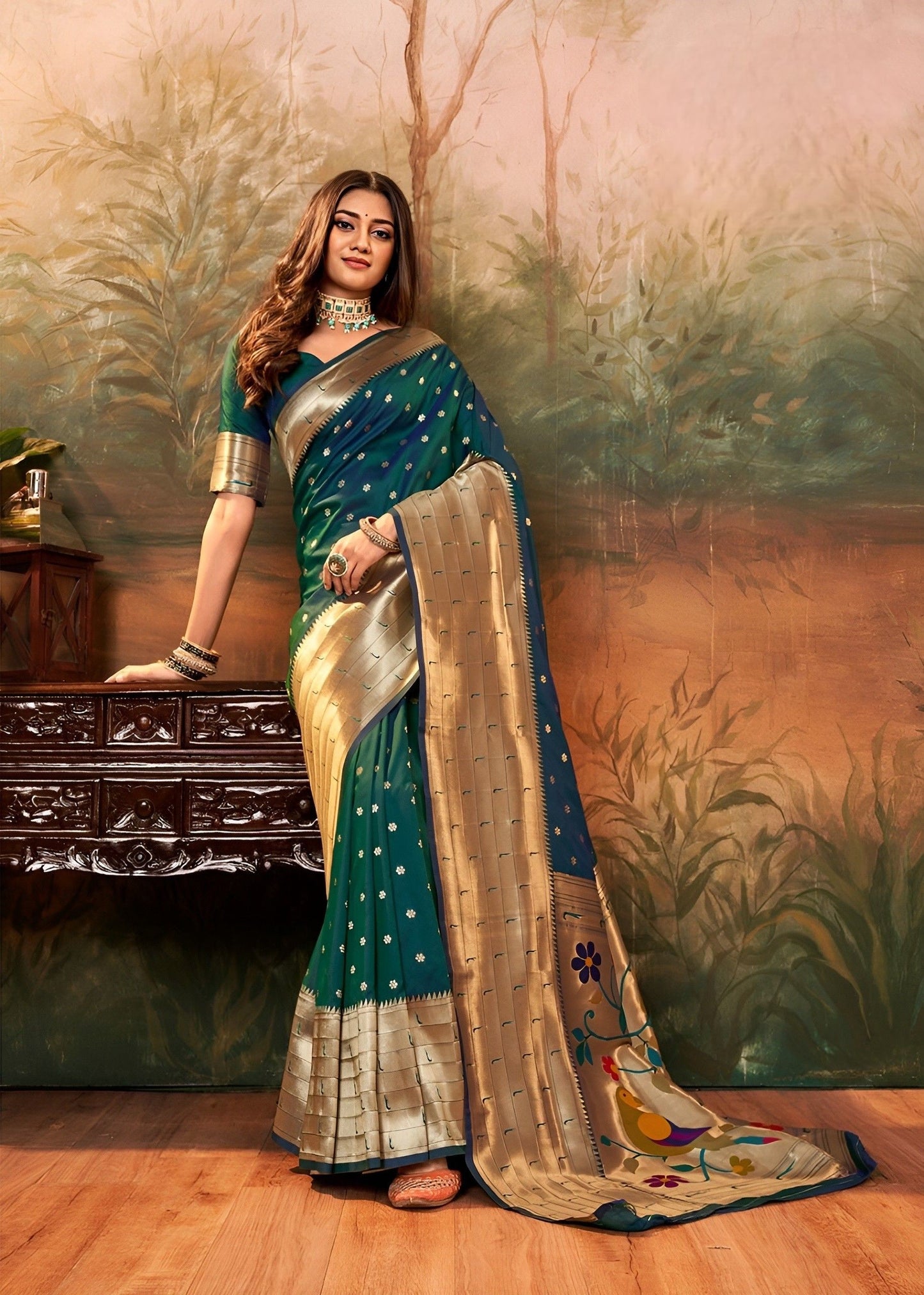 EKKTARA Saree For Women Green Colour Silk Zari Border Paithani  Saree With Unstitched Blouse