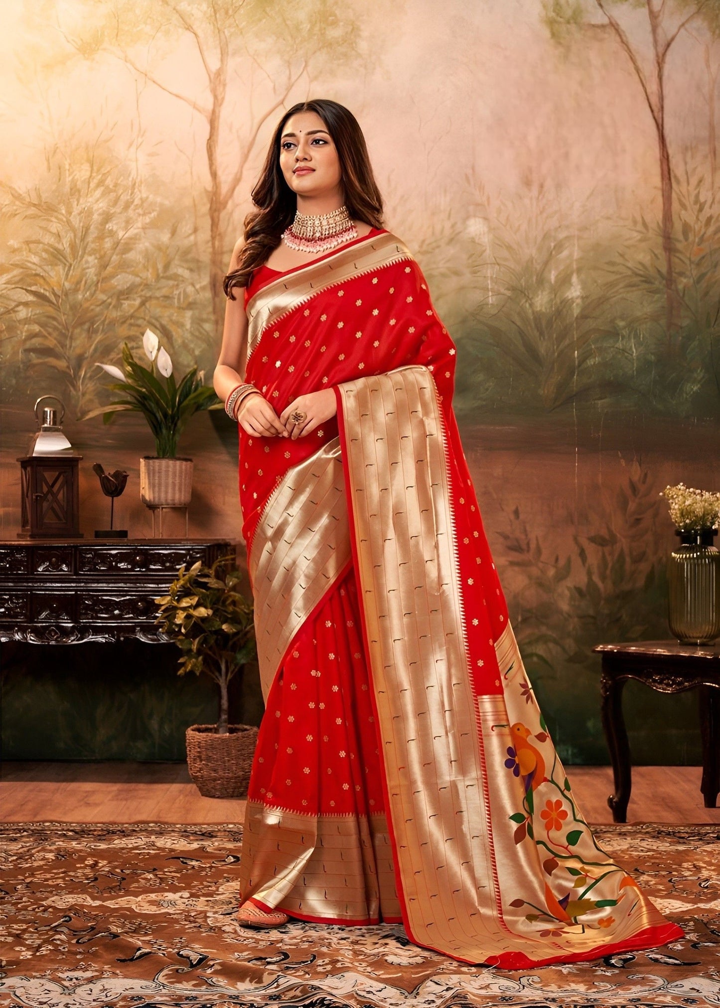 EKKTARA Saree For Women Tomato Red Colour Silk Zari Border Paithani  Saree With Unstitched Blouse