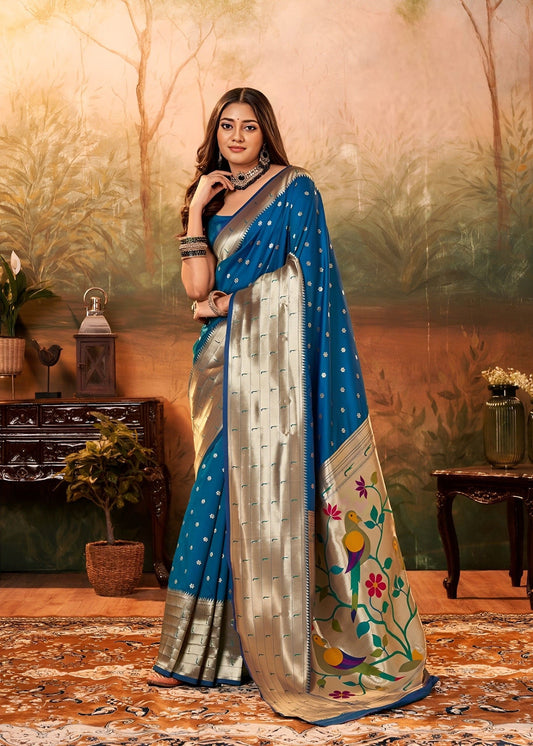EKKTARA Saree For Women Cobalt Blue Colour Silk Zari Border Paithani  Saree With Unstitched Blouse
