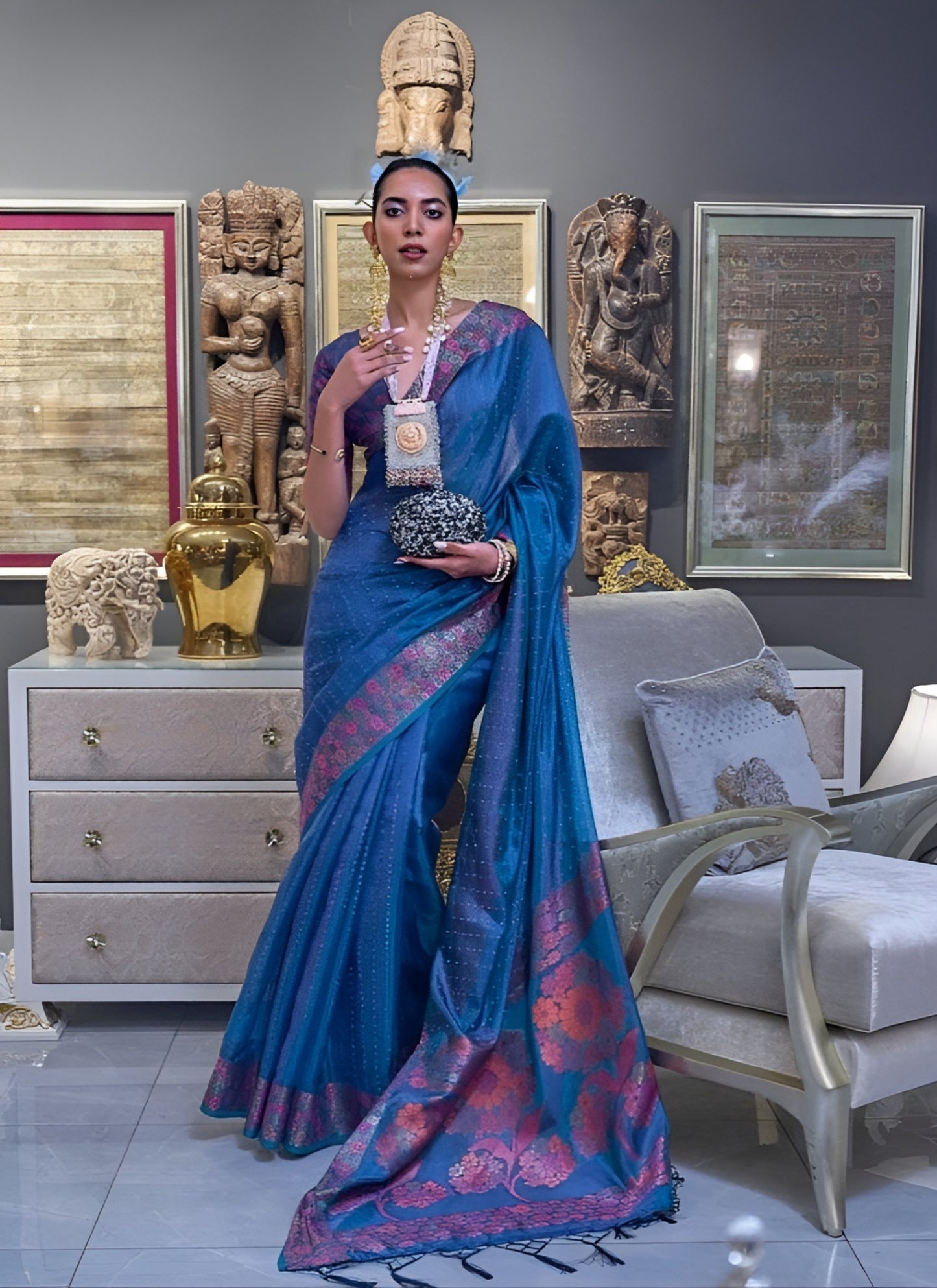 EKKTARA Saree For Women Two Tone Organza Marine Blue Colour Handloom Weaving Silk Saree With Unstitched Blouse