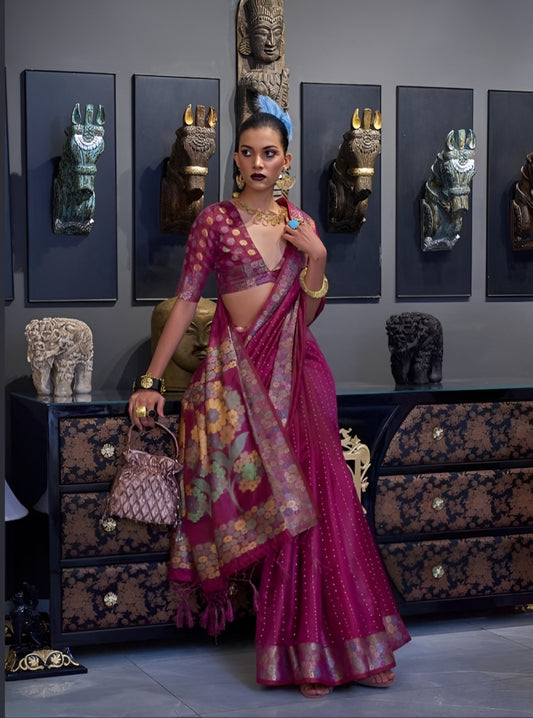 EKKTARA Saree For Women Two Tone Organza Marhoon Colour Handloom Weaving Silk Saree With Unstitched Blouse