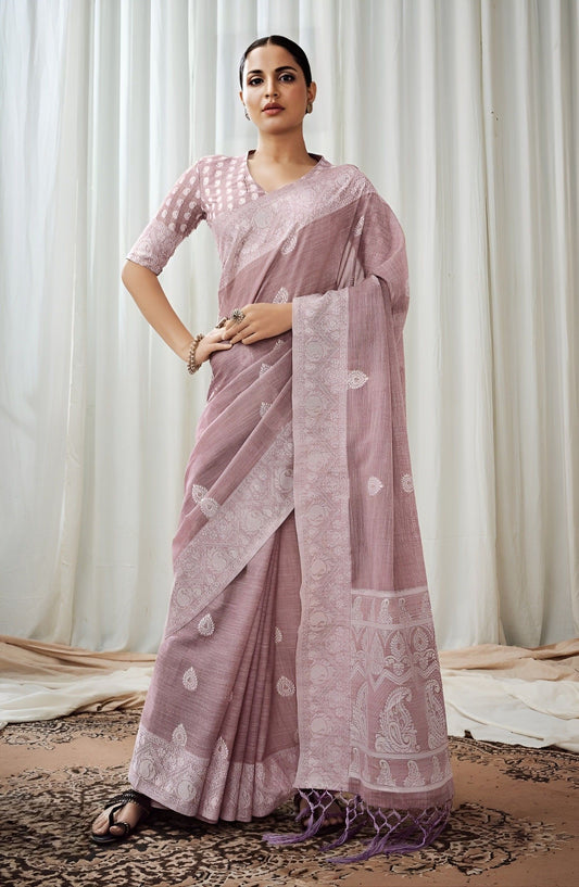 EKKTARA Saree For Women Light Lavender Colour Lucknowi Pallu Weaving Linen Saree