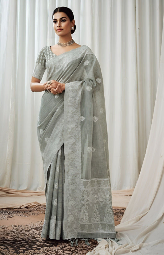 EKKTARA Saree For Women Light Grey Lucknowi Pallu Weaving Linen Saree