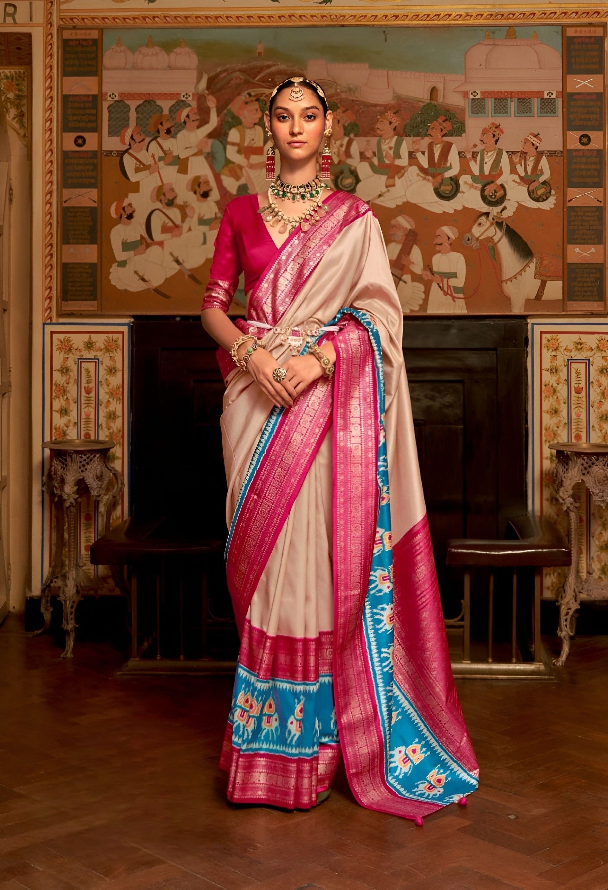 Light Beige Brasso Saree with Brick Red Chiffon Blouse|SARV158893