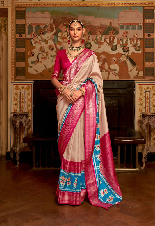 EKKTARA Saree For Women Beige Colour Pure Silk Designer Patola Saree With Unstitched Blouse