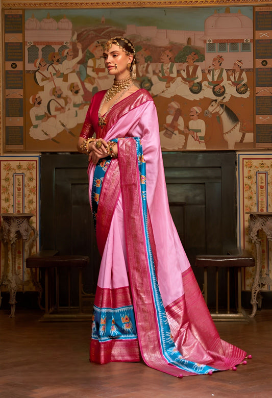 EKKTARA Saree For Women Pink Colour Pure Silk Designer Patola Saree With Unstitched Blouse