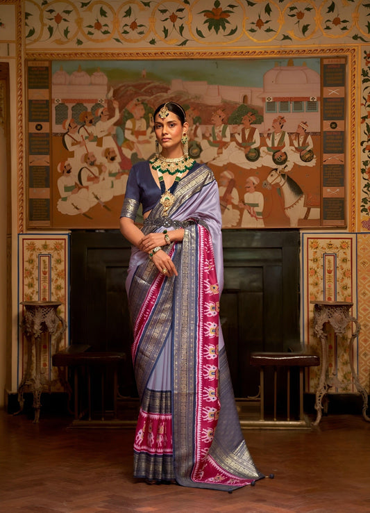 EKKTARA Saree For Women Light Purple Colour Pure Silk Designer Patola Saree With Unstitched Blouse
