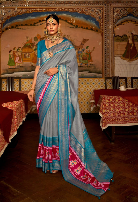 EKKTARA Saree For Women Grey Colour Pure Silk Designer Patola Saree With Unstitched Blouse