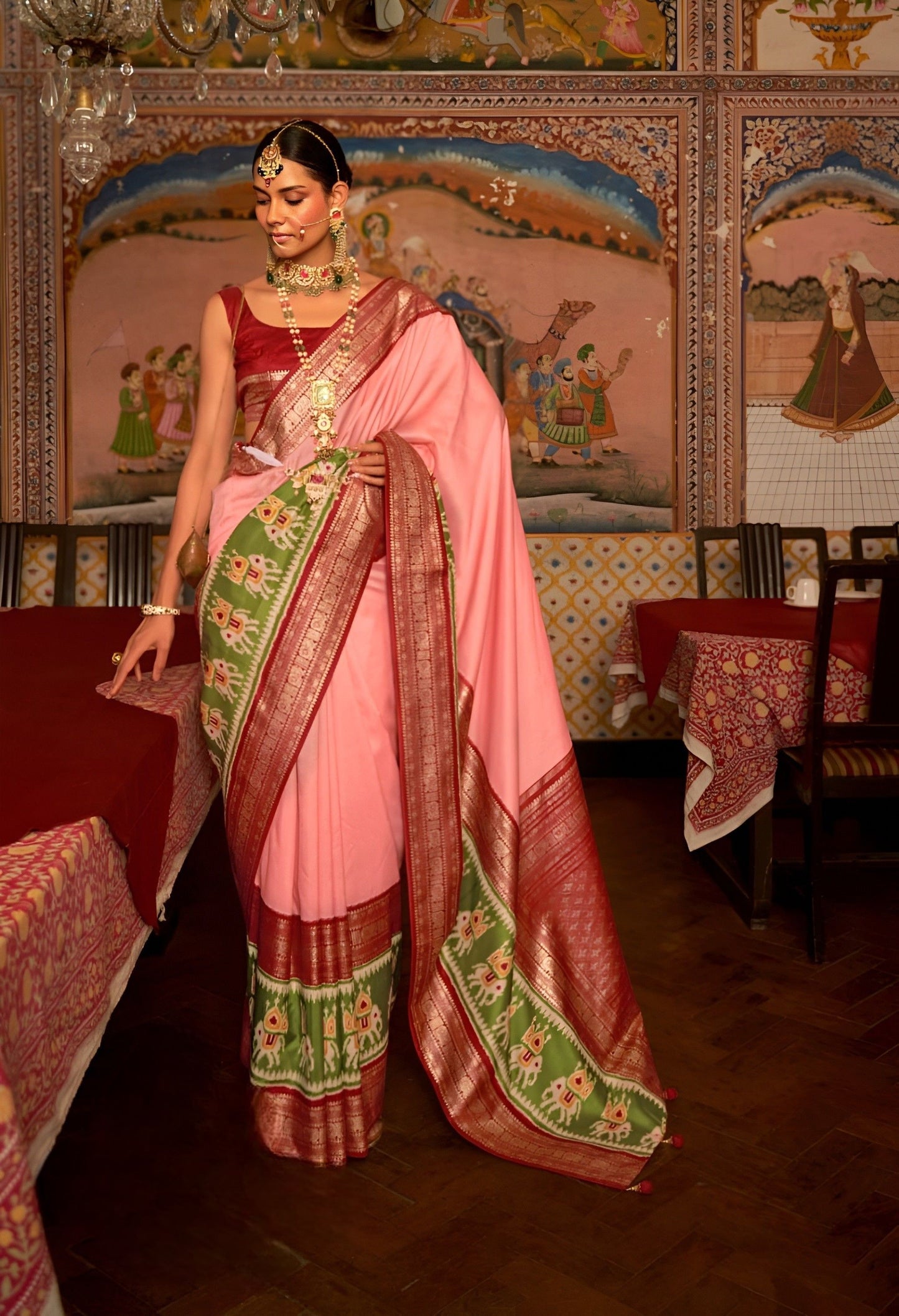 EKKTARA Saree For Women Peach Colour Pure Silk Designer Patola Saree With Unstitched Blouse