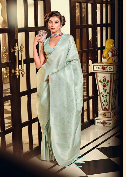EKKTARA Saree For Women Pista Green Colour Kanjivaram Soft Silk Saree With Unstitched Blouse