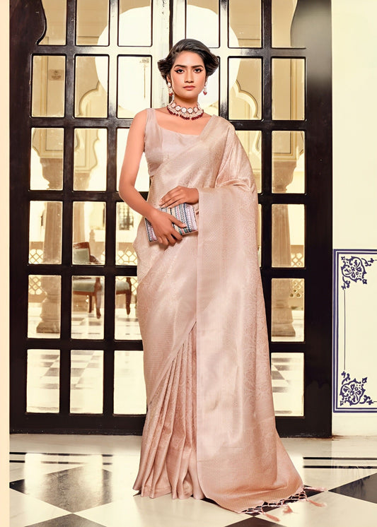 EKKTARA Saree For Women Rose Gold Colour Kanjivaram Soft Silk Saree With Unstitched Blouse