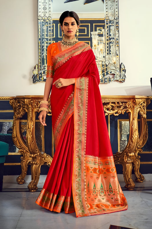 EKKTARA Saree For Women Red Colour Silk Paithani Concept Saree With Unstitched Blouse