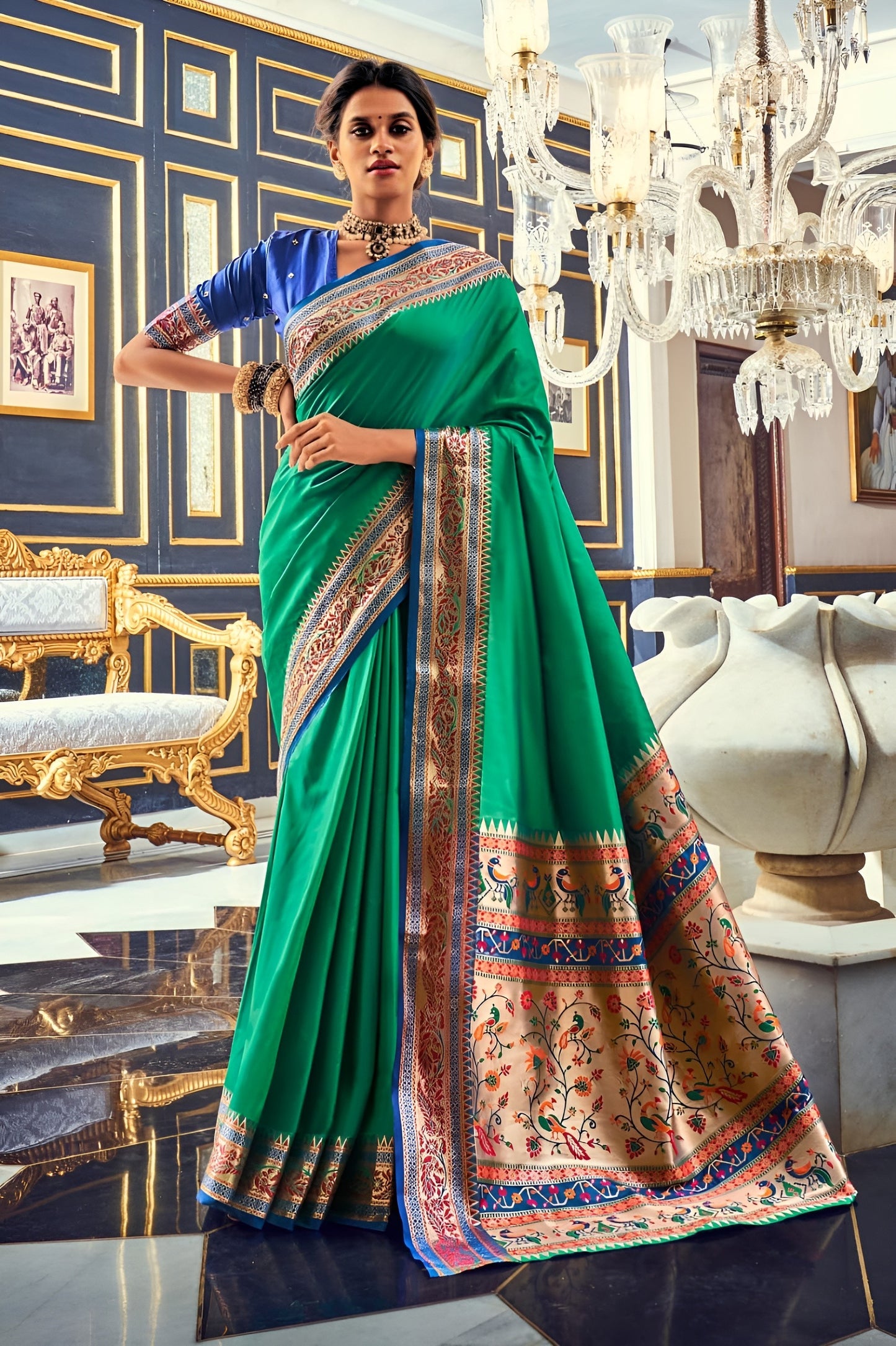 EKKTARA Saree For Women Green Colour Silk Paithani Concept Saree With Unstitched Blouse