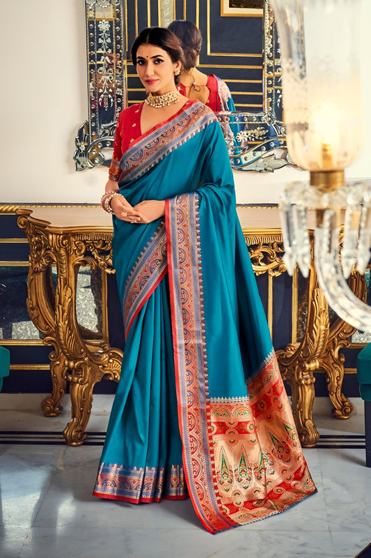 EKKTARA Saree For Women Blue Colour Silk Paithani Concept Saree With Unstitched Blouse