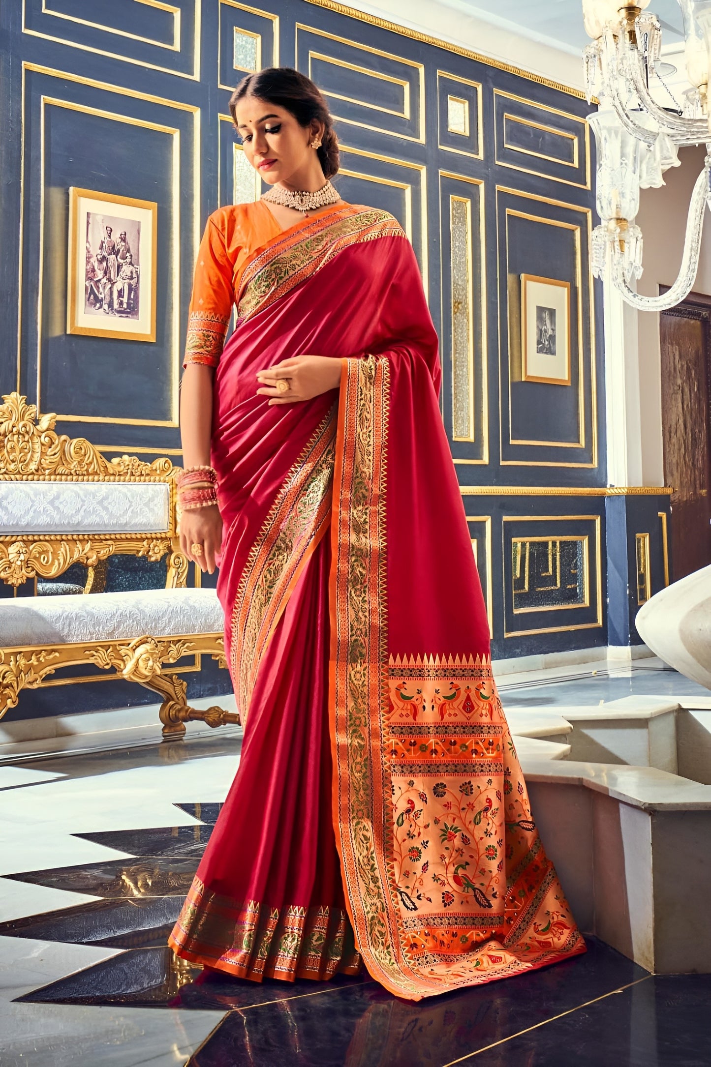 EKKTARA Saree For Women Marhoon Colour Silk Paithani Concept Saree With Unstitched Blouse