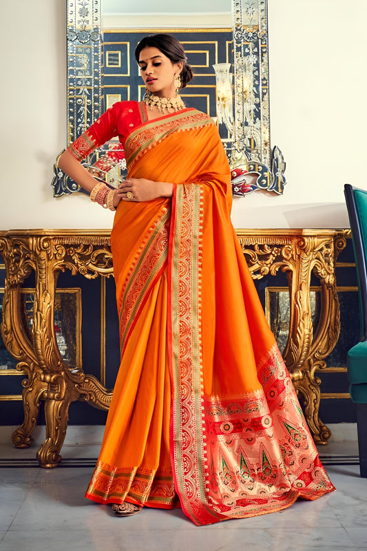 EKKTARA Saree For Women Orange Colour Silk Paithani Concept Saree With Unstitched Blouse