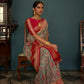 EKKTARA Saree For Women Grey Colour Tusser Silk Kalamkari Print Saree With Contrast Unstitched Blouse