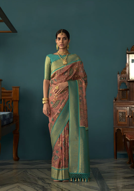 EKKTARA Saree For Women Peach Colour Tusser Silk Kalamkari Print Saree With Contrast Unstitched Blouse