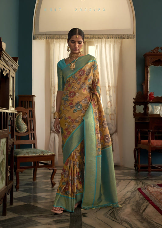 EKKTARA Saree For Women Yellow Colour Tusser Silk Kalamkari Print Saree With Contrast Unstitched Blouse