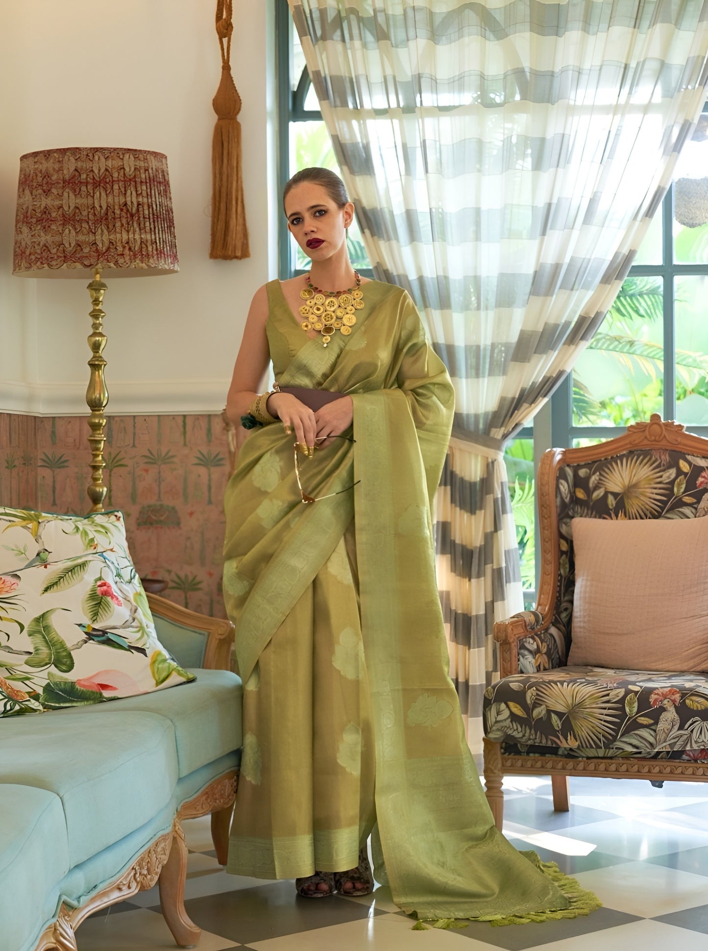 EKKTARA Celebrity Fame Saree For Women Olive Green Colour Satin Tissue Handloom Weaving Silk Saree With Unstitched Blouse