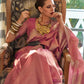 EKKTARA Celebrity Fame Saree For Women Rose Pink Colour Satin Tissue Handloom Weaving Silk Saree With Unstitched Blouse