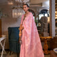 EKKTARA Saree For Women Light Pink Colour Pure Linen IKAT Handloom Weaving Saree With Unstitched Blouse