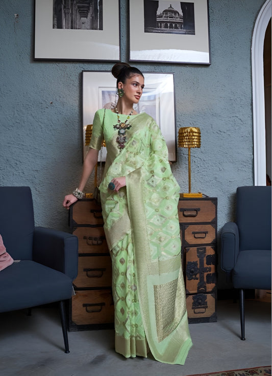 EKKTARA Saree For Women Pista Colour Pure Linen IKAT Handloom Weaving Saree With Unstitched Blouse
