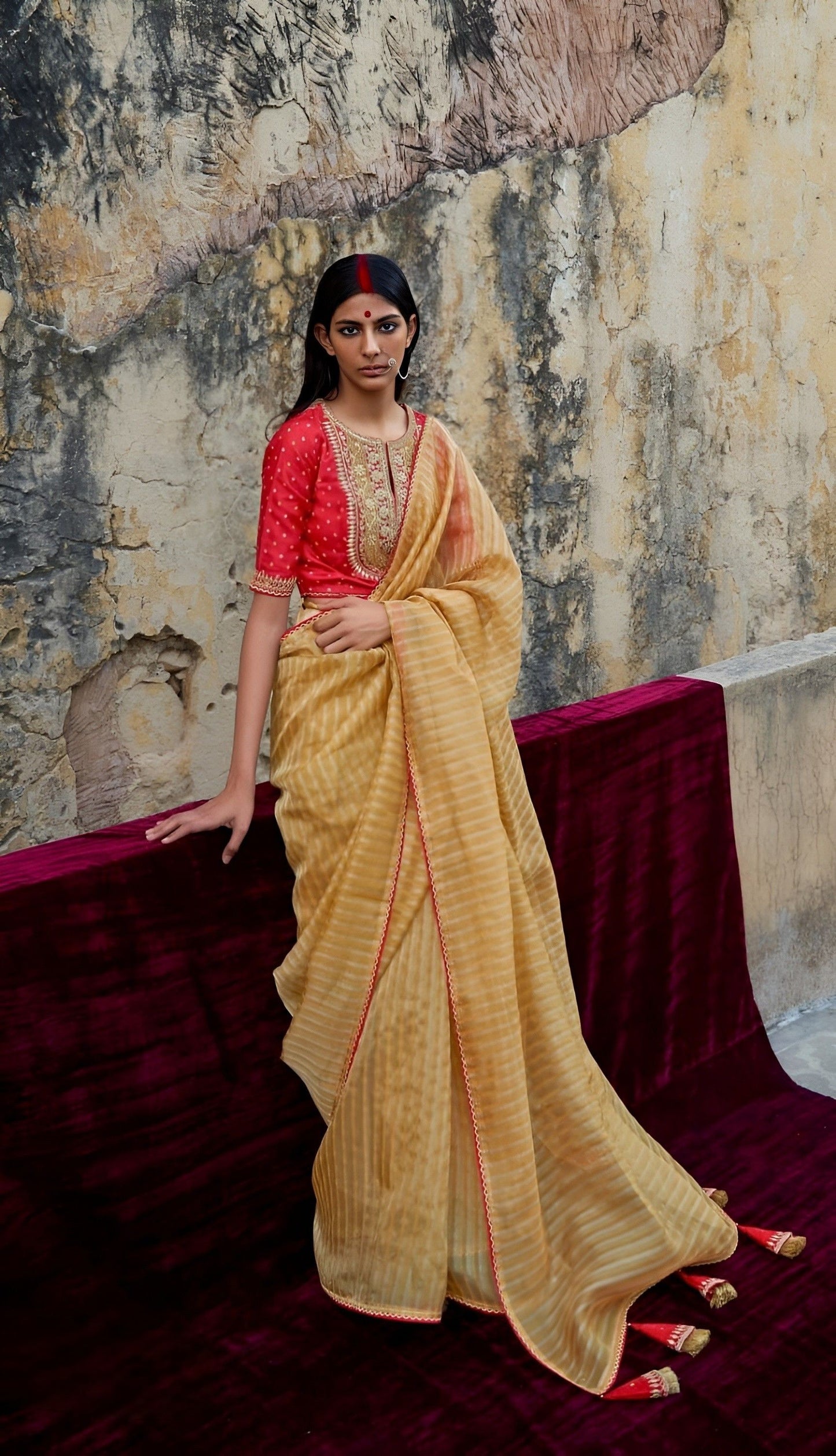 EKKTARA Saree For Women Light Orange Colour Organza Sari Weaving Saree With Designer Unstitched Blouse