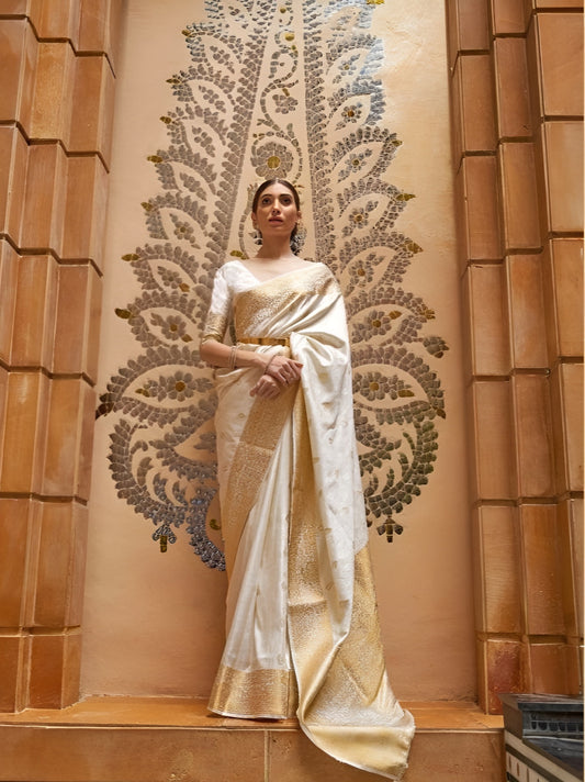 EKKTARA Saree For Women Cream White Colour Pure Kajivaram Silk Saree With Unstitched Blouse