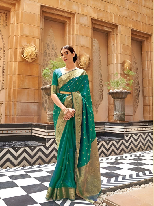 EKKTARA Saree For Women Green Colour Pure Kajivaram Silk Saree With Unstitched Blouse