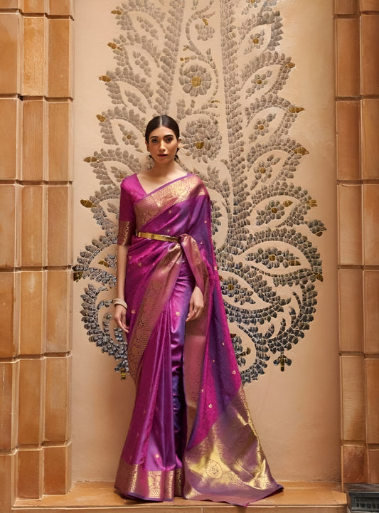 EKKTARA Saree For Women Purple Colour Pure Kajivaram Silk Saree With Unstitched Blouse