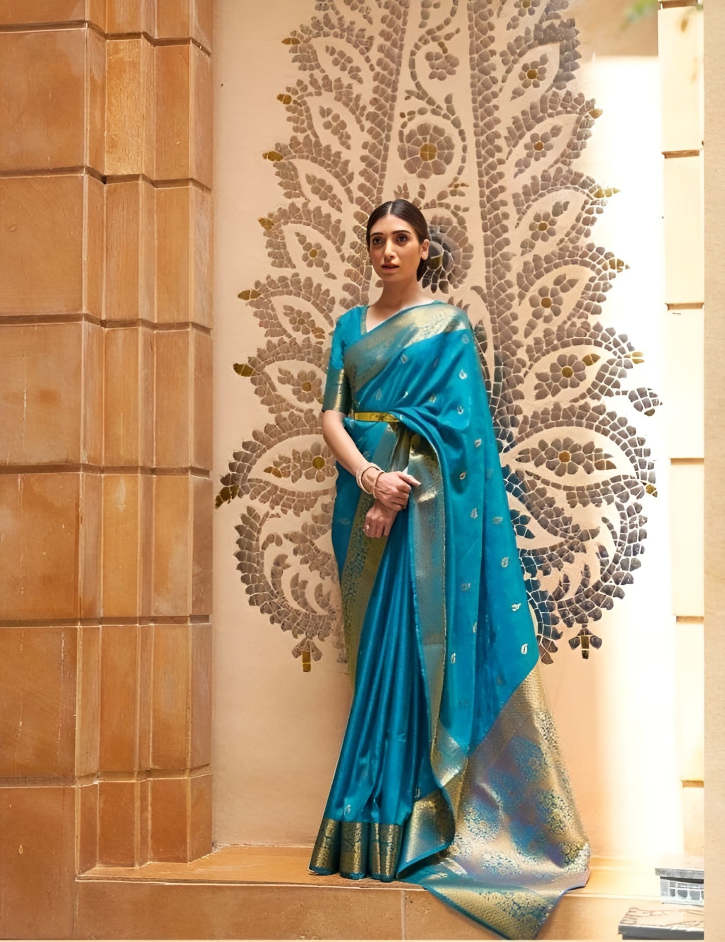 EKKTARA Saree For Women Turquoise Colour Pure Kajivaram Silk Saree With Unstitched Blouse