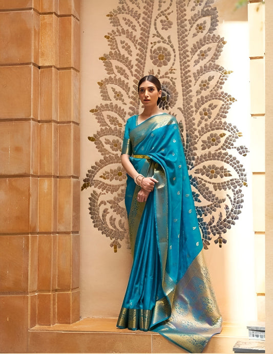 EKKTARA Saree For Women Turquoise Colour Pure Kajivaram Silk Saree With Unstitched Blouse